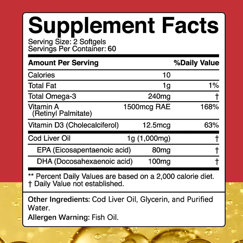 Bcuelov Cod Liver Oil  120 Capsules (EPA, DHA, Vitamin A & D3)